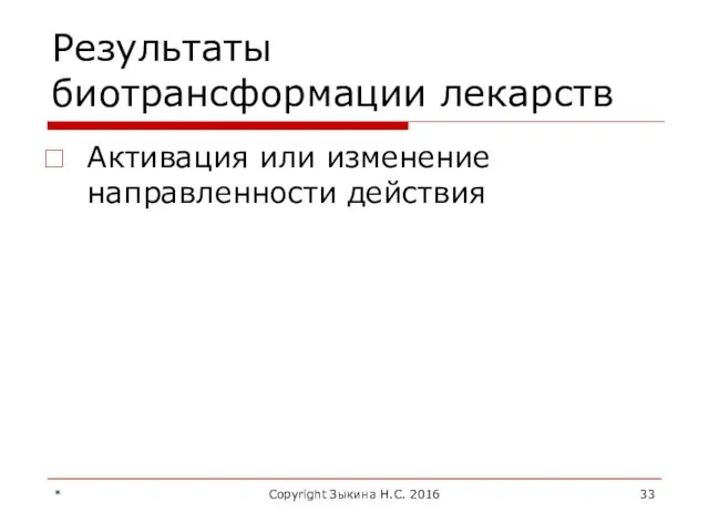 Результаты биотрансформации лекарств Активация или изменение направленности действия * Copyright Зыкина Н.С. 2016