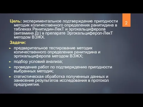 Цель: экспериментальное подтверждение пригодности методик количественного определения ранитидина в таблеках