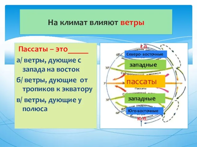 На климат влияют ветры Пассаты – это_____ а/ ветры, дующие