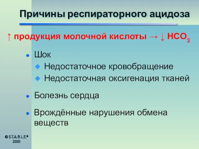 Причины респираторного ацидоза Шок Недостаточное кровобращение Недостаточная оксигенация тканей Болезнь