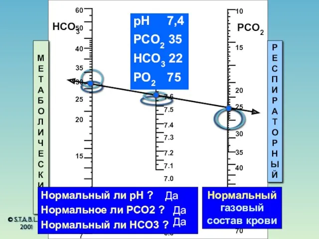 © S.T.A.B.L.E.® 2001 HCO3 pH PCO2 МЕТАБОЛИЧЕСКИЙ РЕСПИРАТОРНЫЙ Нормальный газовый