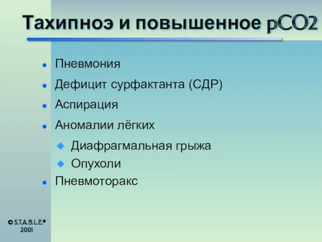 Тахипноэ и повышенное pCO2 Пневмония Дефицит сурфактанта (СДР) Аспирация Аномалии