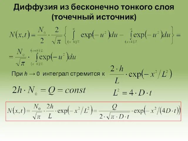 Диффузия из бесконечно тонкого слоя (точечный источник) При h → 0 интеграл стремится к