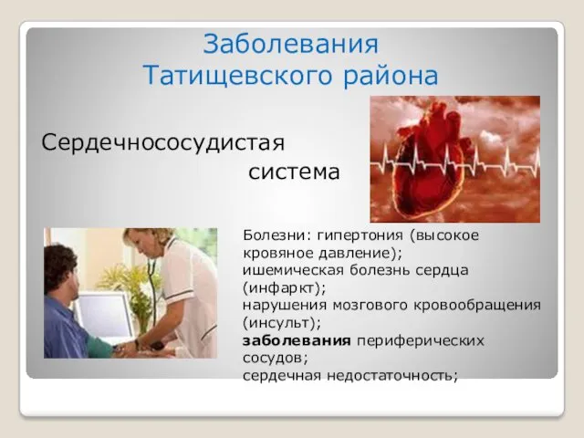 Заболевания Татищевского района Сердечнососудистая система Болезни: гипертония (высокое кровяное давление); ишемическая болезнь сердца