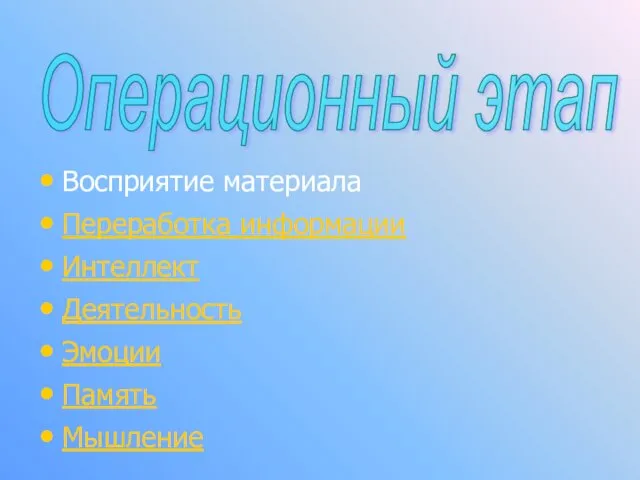 Операционный этап Восприятие материала Переработка информации Интеллект Деятельность Эмоции Память Мышление