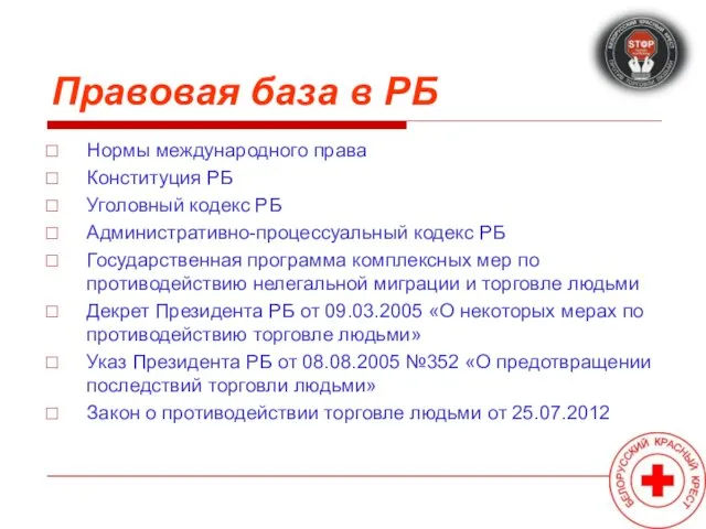 Правовая база в РБ Нормы международного права Конституция РБ Уголовный