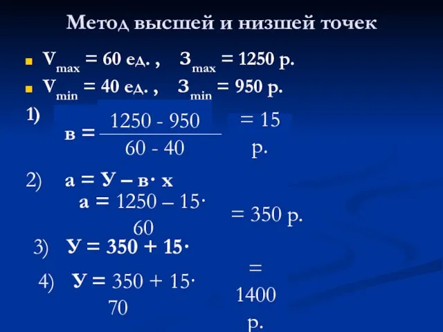 Метод высшей и низшей точек Vmах = 60 ед. ,