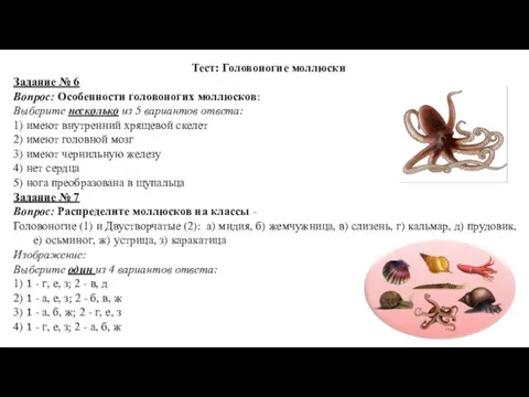 Тест: Головоногие моллюски Задание № 6 Вопрос: Особенности головоногих моллюсков: