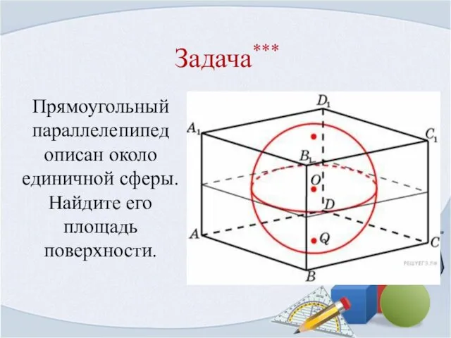 Задача*** Прямоугольный параллелепипед описан около единичной сферы. Найдите его площадь поверхности.