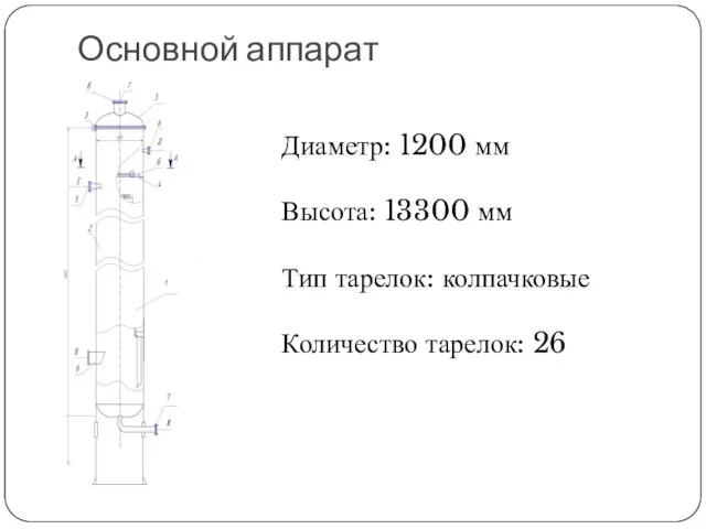 Основной аппарат Диаметр: 1200 мм Высота: 13300 мм Тип тарелок: колпачковые Количество тарелок: 26