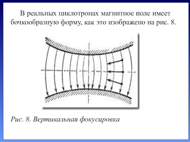 В реальных циклотро­нах магнитное поле имеет бочкообразную форму, как это изображено на рис.