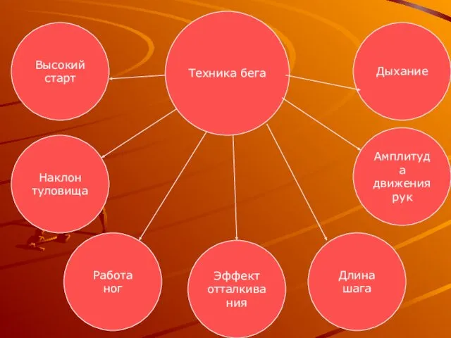 Техника бега Высокий старт Наклон туловища Работа ног Эффект отталкивания Длина шага Дыхание Амплитуда движения рук