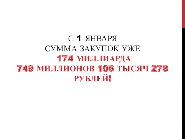 С 1 ЯНВАРЯ СУММА ЗАКУПОК УЖЕ 174 МИЛЛИАРДА 749 МИЛЛИОНОВ 106 ТЫСЯЧ 278 РУБЛЕЙ!