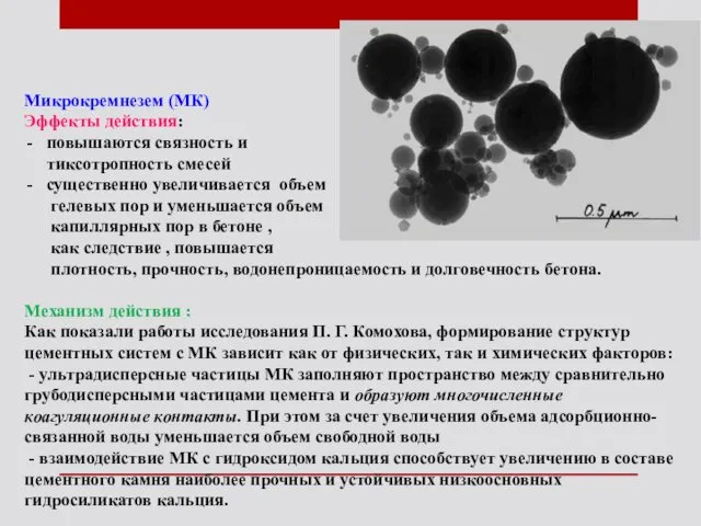 Микрокремнезем (МК) Эффекты действия: повышаются связность и тиксотропность смесей существенно