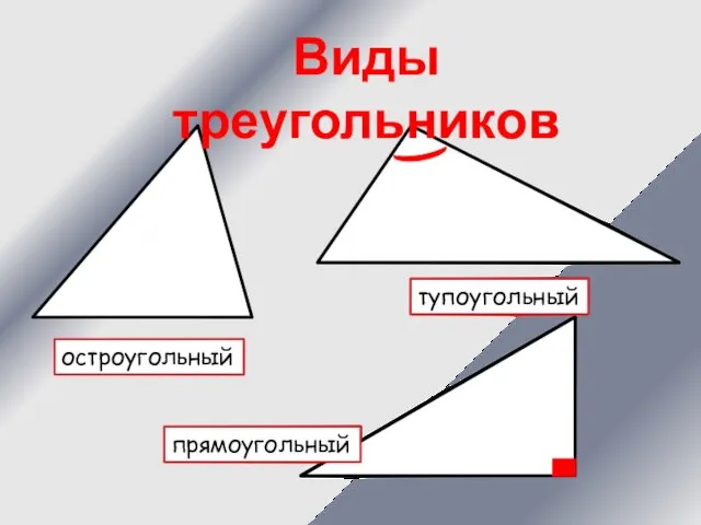 остроугольный тупоугольный прямоугольный Виды треугольников