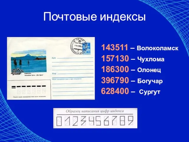 Почтовые индексы 143511 – Волоколамск 157130 – Чухлома 186300 –