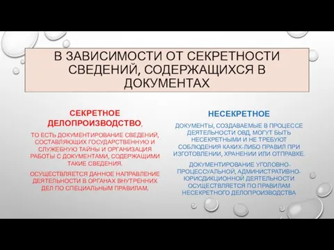 СЕКРЕТНОЕ ДЕЛОПРОИЗВОДСТВО, ТО ЕСТЬ ДОКУМЕНТИРОВАНИЕ СВЕДЕНИЙ, СОСТАВЛЯЮЩИХ ГОСУДАРСТВЕННУЮ И СЛУЖЕБНУЮ