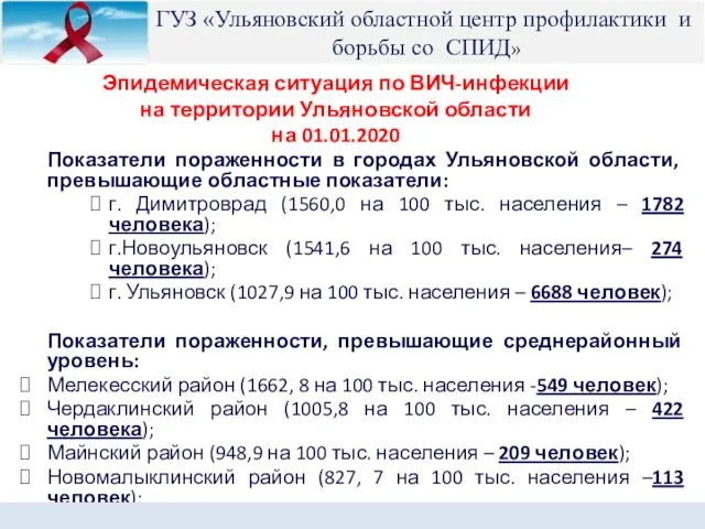 Эпидемическая ситуация по ВИЧ-инфекции на территории Ульяновской области на 01.01.2020