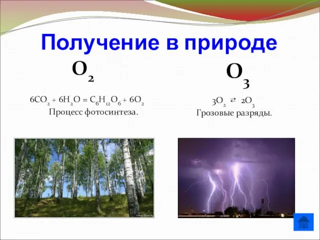 Получение в природе О2 6СО2 + 6Н2О = С6Н12О6 +