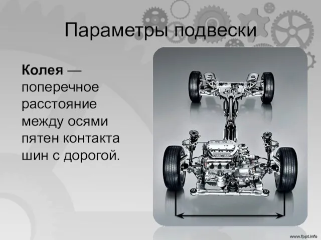 Параметры подвески Колея — поперечное расстояние между осями пятен контакта шин с дорогой.