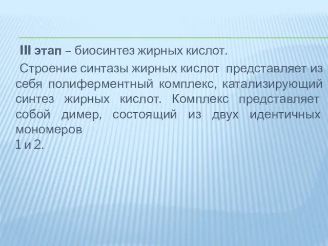 III этап – биосинтез жирных кислот. Строение синтазы жирных кислот