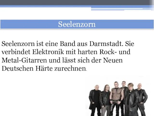 Seelenzorn Seelenzorn ist eine Band aus Darmstadt. Sie verbindet Elektronik