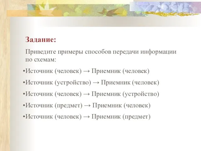 Задание: Приведите примеры способов передачи информации по схемам: Источник (человек)