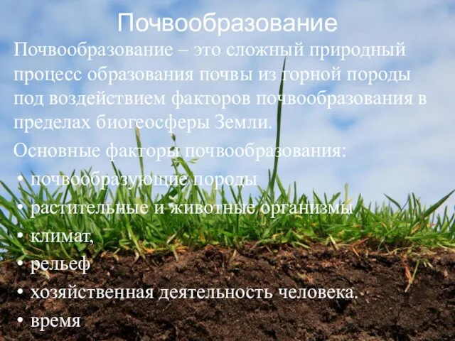 Почвообразование Почвообразование – это сложный природный процесс образования почвы из горной породы под
