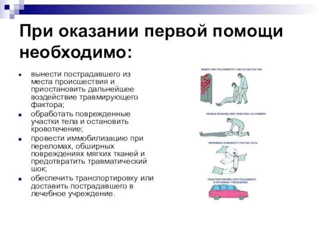 При оказании первой помощи необходимо: вынести пострадавшего из места происшествия