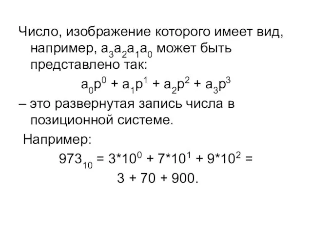 Число, изображение которого имеет вид, например, a3a2a1a0 может быть представлено