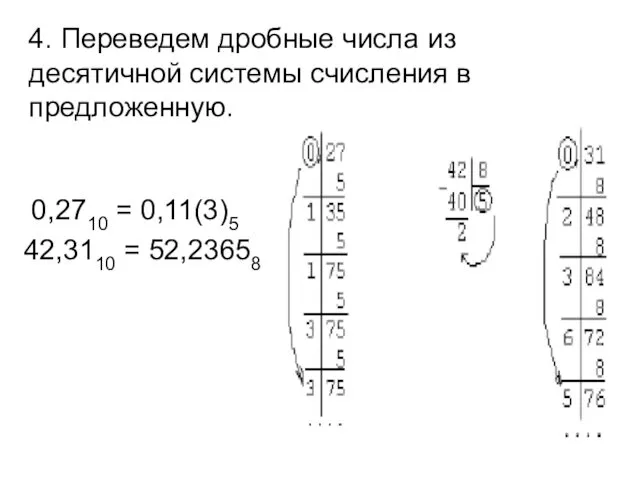 4. Переведем дробные числа из десятичной системы счисления в предложенную. 0,2710 = 0,11(3)5 42,3110 = 52,23658