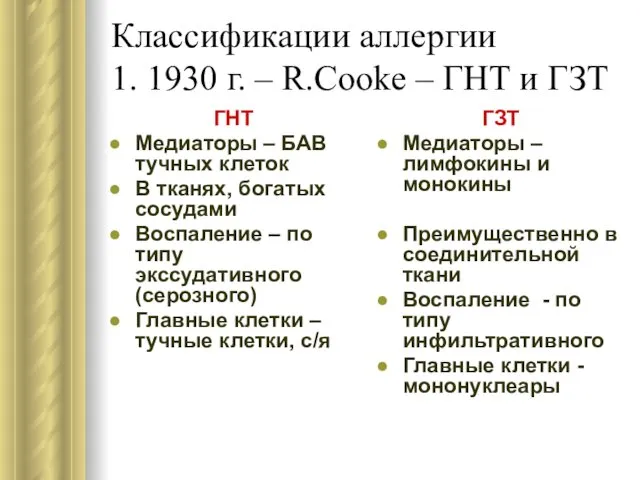 Классификации аллергии 1. 1930 г. – R.Cooke – ГНТ и