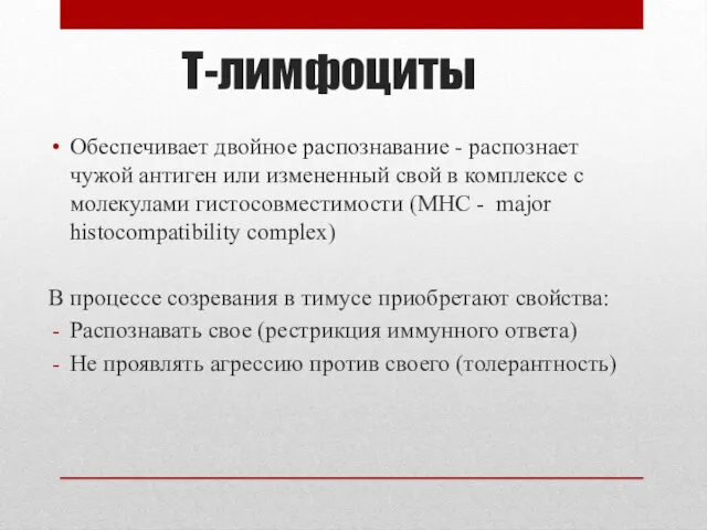 Т-лимфоциты Обеспечивает двойное распознавание - распознает чужой антиген или измененный