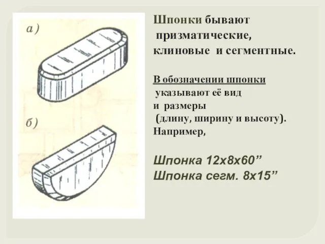 Шпонки бывают призматические, клиновые и сегментные. В обозначении шпонки указывают