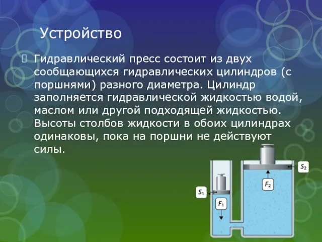 Устройство Гидравлический пресс состоит из двух сообщающихся гидравлических цилиндров (с