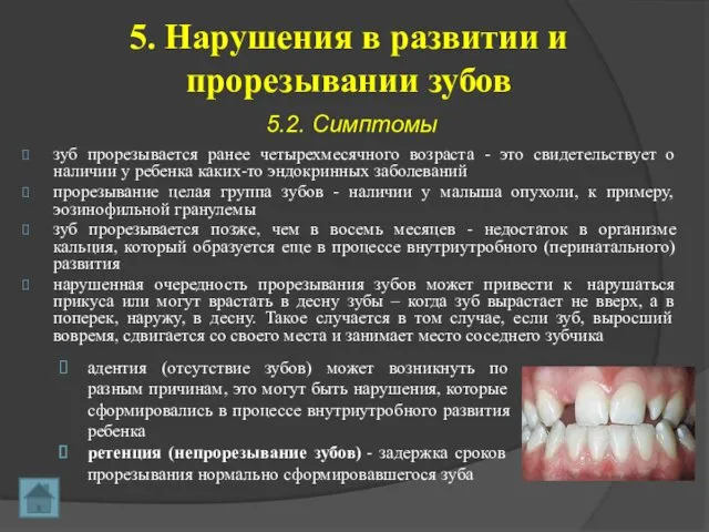 5. Нарушения в развитии и прорезывании зубов зуб прорезывается ранее