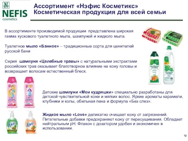 Ассортимент «Нэфис Косметикс» Косметическая продукция для всей семьи В ассортименте