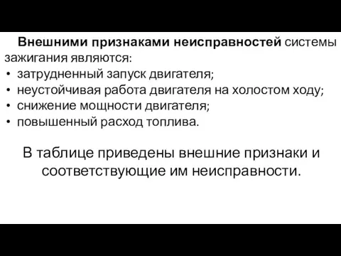 В таблице приведены внешние признаки и соответствующие им неисправности. Внешними