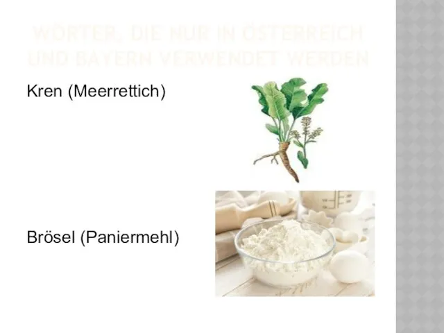 WÖRTER, DIE NUR IN ÖSTERREICH UND BAYERN VERWENDET WERDEN Kren (Meerrettich) Brösel (Paniermehl)