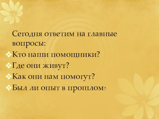 Сегодня ответим на главные вопросы: Кто наши помощники? Где они