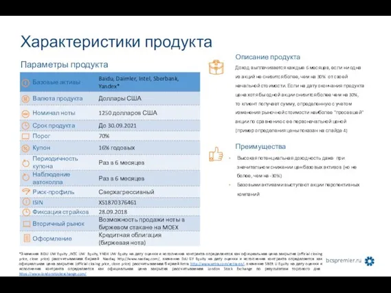 Характеристики продукта *Значения BIDU UW Equity ,INTC UW Equity, YNDX