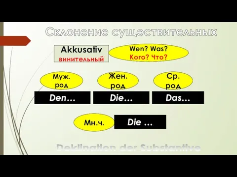 Склонение существительных Deklination der Substantive Akkusativ винительный Wen? Was? Кого?