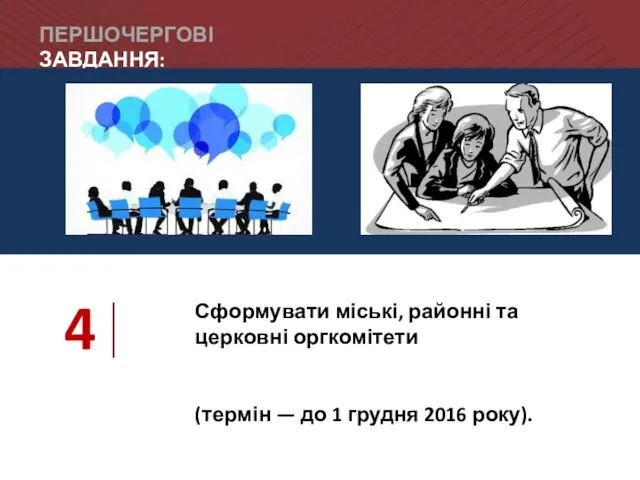 ПЕРШОЧЕРГОВІ ЗАВДАННЯ: 4 Сформувати міські, районні та церковні оргкомітети (термін — до 1 грудня 2016 року).