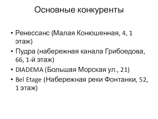 Основные конкуренты Ренессанс (Малая Конюшенная, 4, 1 этаж) Пудра (набережная канала Грибоедова, 66,