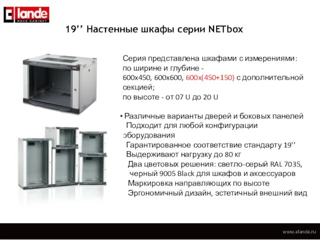 19’’ Настенные шкафы серии NETbox Серия представлена шкафами с измерениями: по ширине и