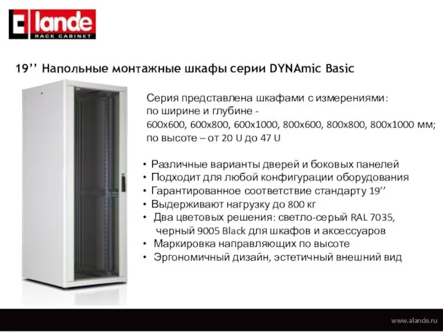 19’’ Напольные монтажные шкафы серии DYNAmic Basic Серия представлена шкафами