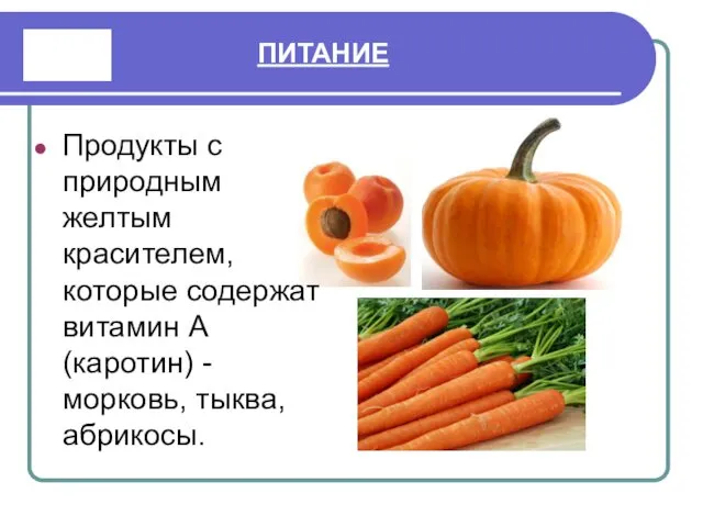 ПИТАНИЕ Продукты с природным желтым красителем, которые содержат витамин А (каротин) - морковь, тыква, абрикосы.