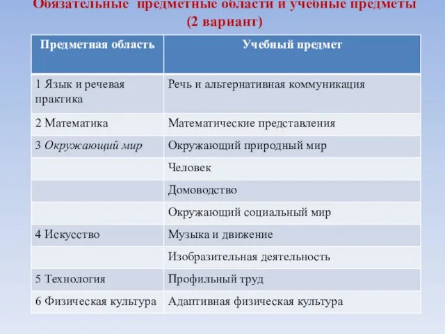 Обязательные предметные области и учебные предметы (2 вариант)