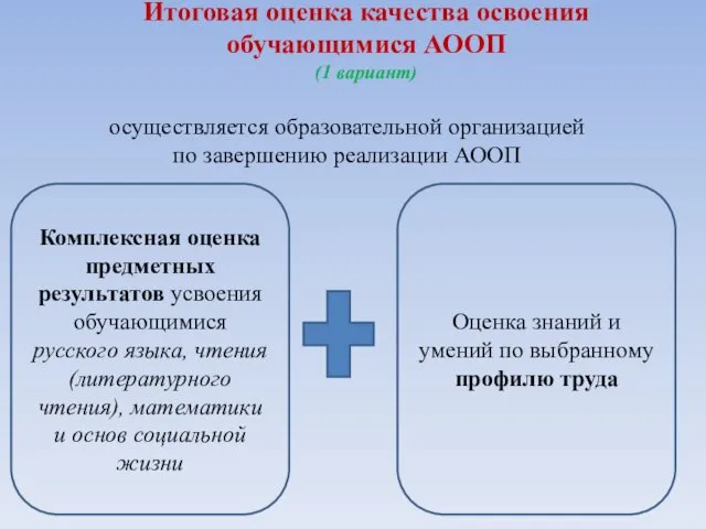 Итоговая оценка качества освоения обучающимися АООП (1 вариант) осуществляется образовательной