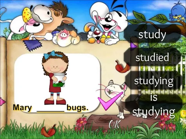 study is studying studying studied Mary ______ bugs. OK